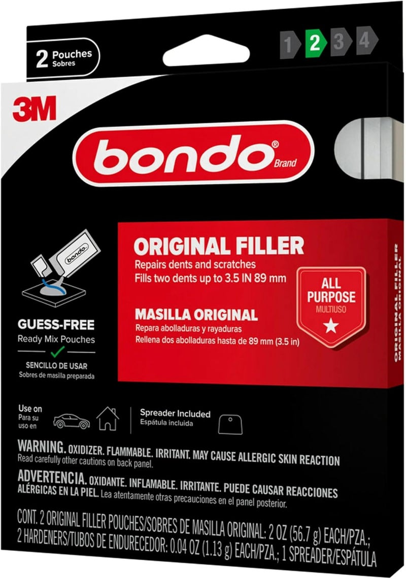 Bondo أكياس مزيج الفيلر الأصلي الجاهز، تصلح الخدوش والنتوءات، تملأ 2 نتوءات حتى 3.5"، 2 × 2 أونصة أكياس فيلر أصلية، 2 × 0.04 أونصة مواد صلبة، مع ملعقة (OR-2PK-ES) - Image 2
